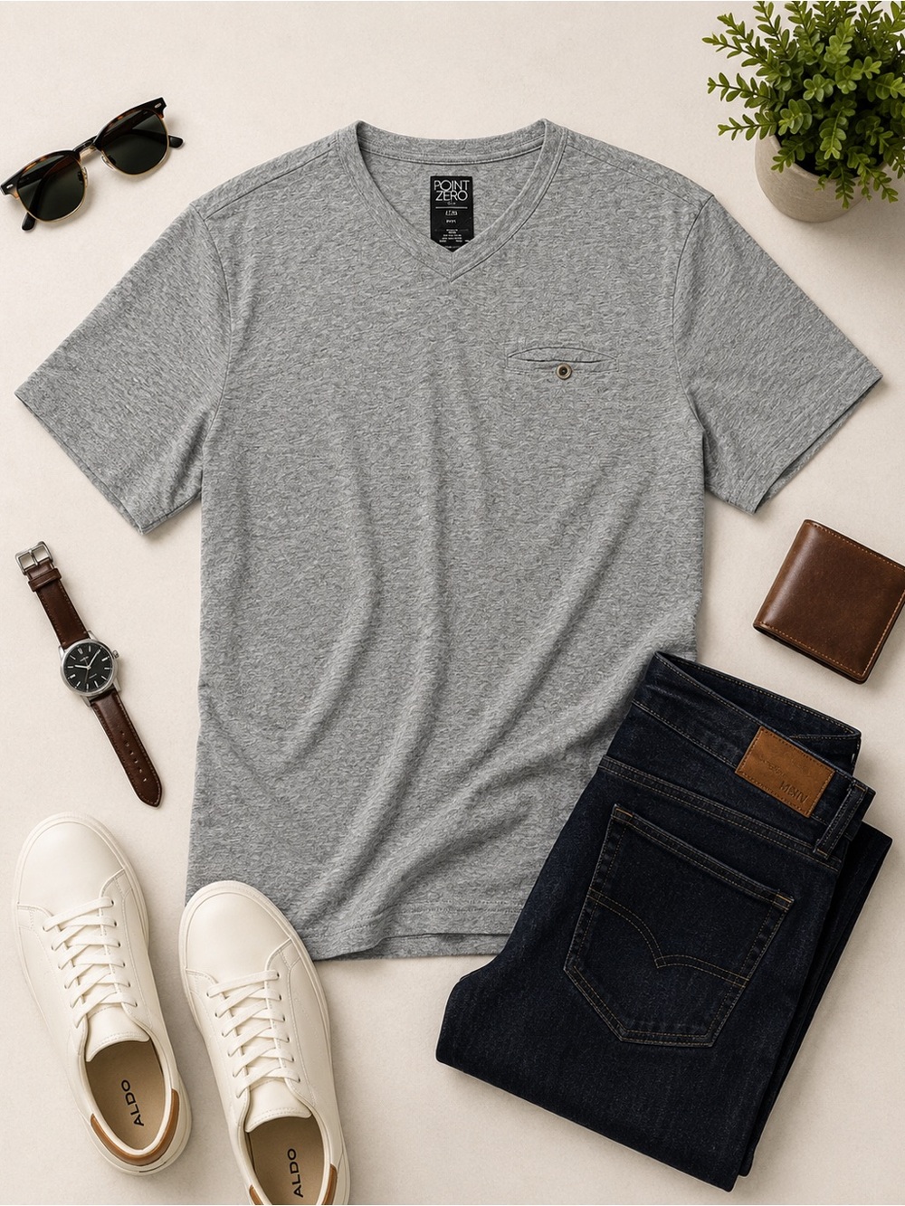 Point Zero Men's Gray V-Neck Short Sleeve Pocket Tee